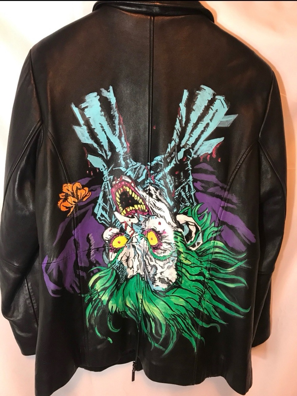 Custom Painted Black Leather Jacket with Joker on Back